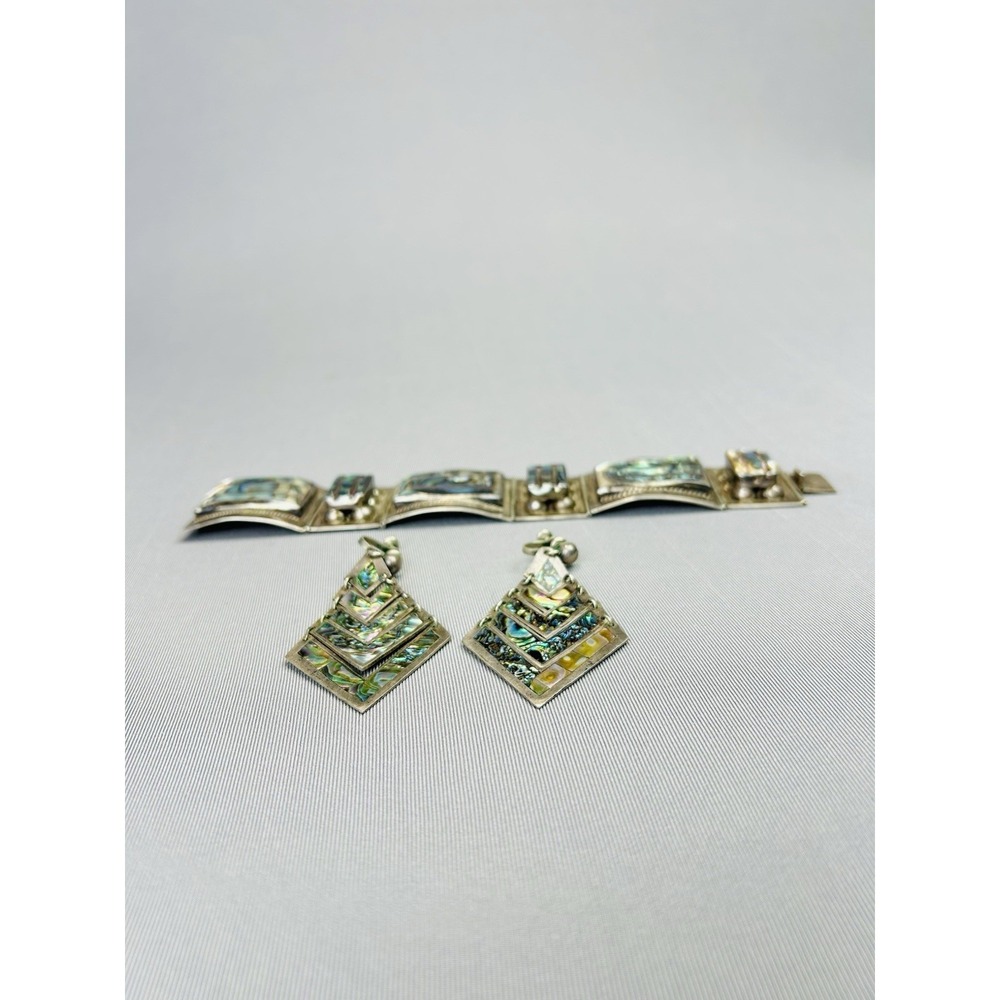 Sterling‎ Silver Set Of Mexican Cuff Bracelet And Dangle Earrings .925 Fan Fan - Picture 5 of 6
